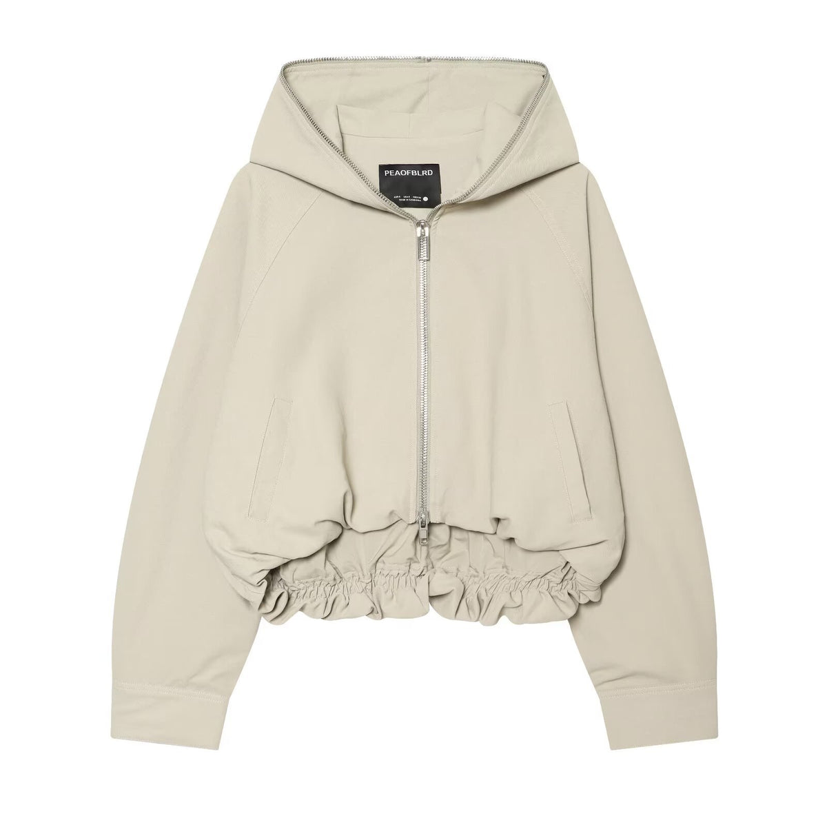 Retro style hooded zipper pocket elastic waist jacket