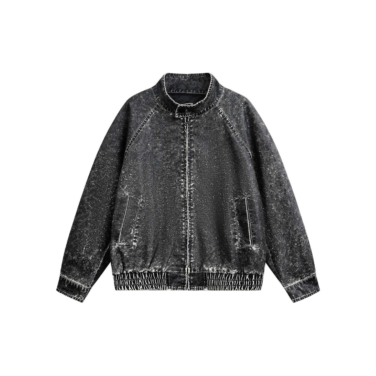 Distressed Denim Zip-Up Stand Collar Jacket for Men