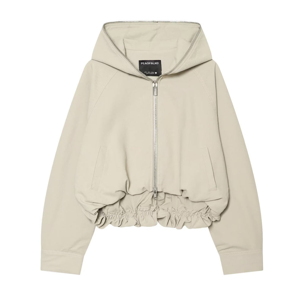 Retro style hooded zipper pocket elastic waist jacket