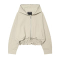 Retro style hooded zipper pocket elastic waist jacket