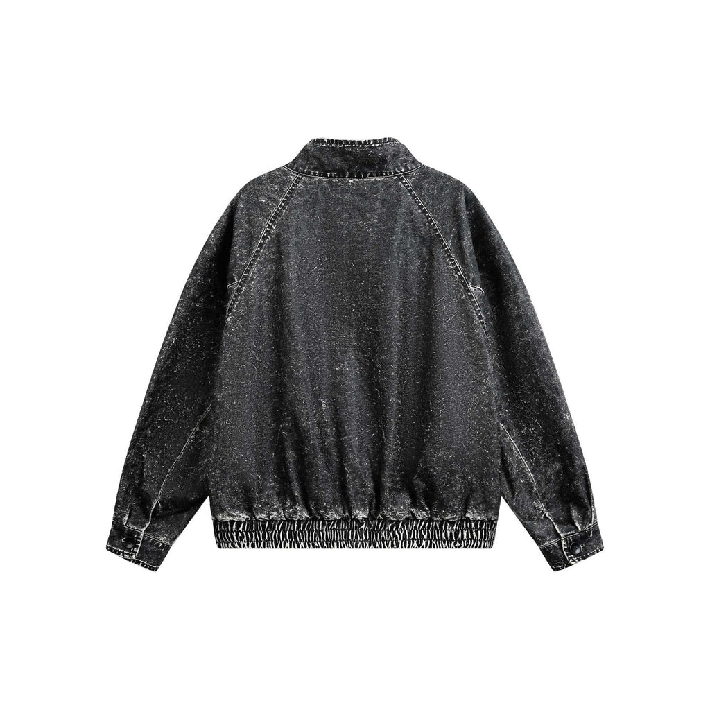 Distressed Denim Zip-Up Stand Collar Jacket for Men