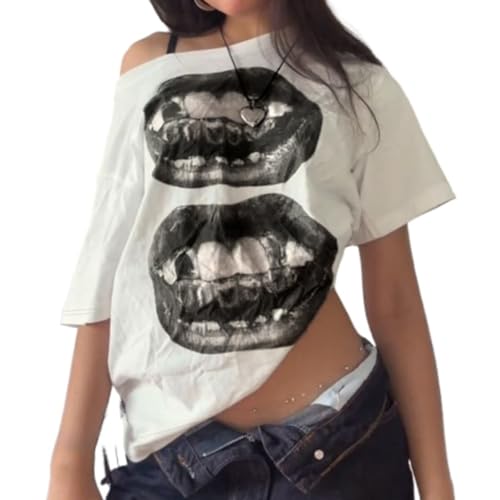 Hesaco Women's Off the Shoulder Lips Print Graphic T-Shirt