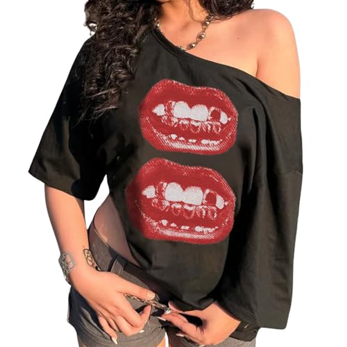Hesaco Women's Off the Shoulder Lips Print Graphic T-Shirt