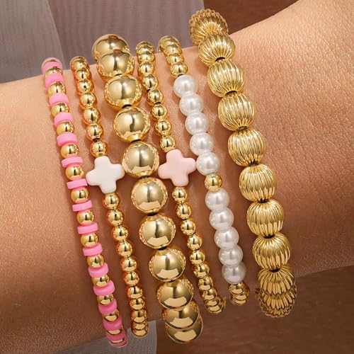 Yoosteel Women's Gold Beaded Stretch Bracelets Set
