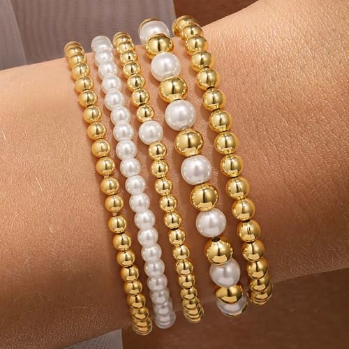 Yoosteel Women's Gold Beaded Stretch Bracelets Set