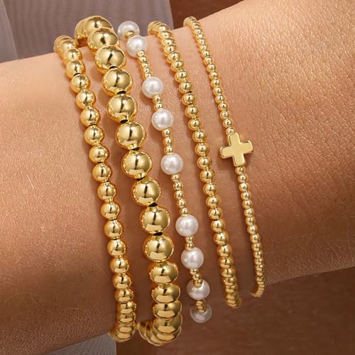 Yoosteel Women's Gold Beaded Stretch Bracelets Set
