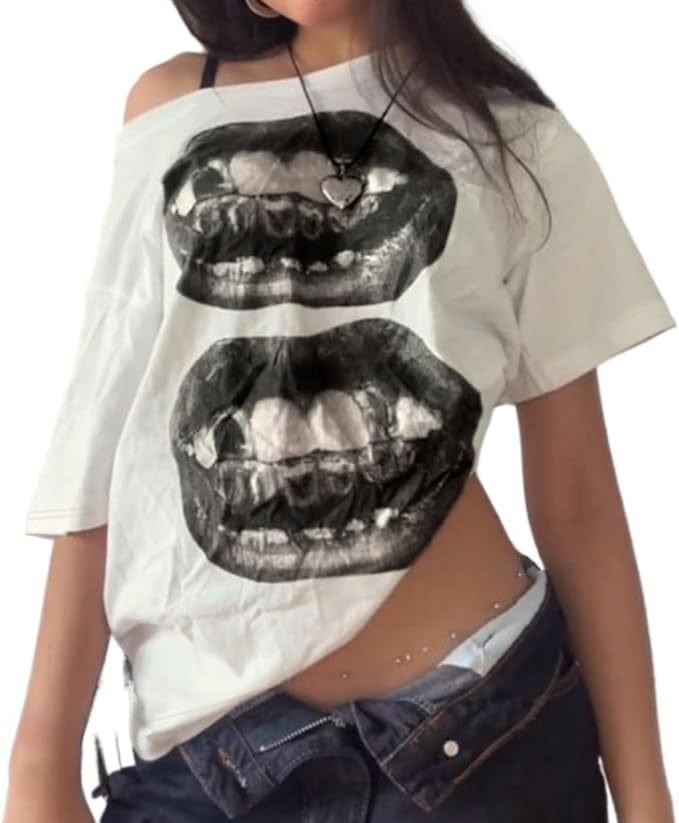 Hesaco Women's Off the Shoulder Lips Print Graphic T-Shirt