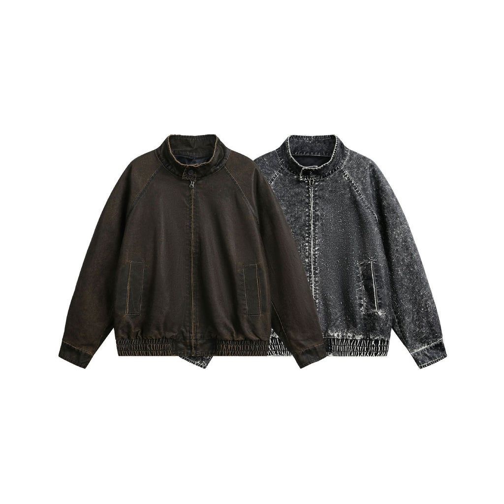 Distressed Denim Zip-Up Stand Collar Jacket for Men