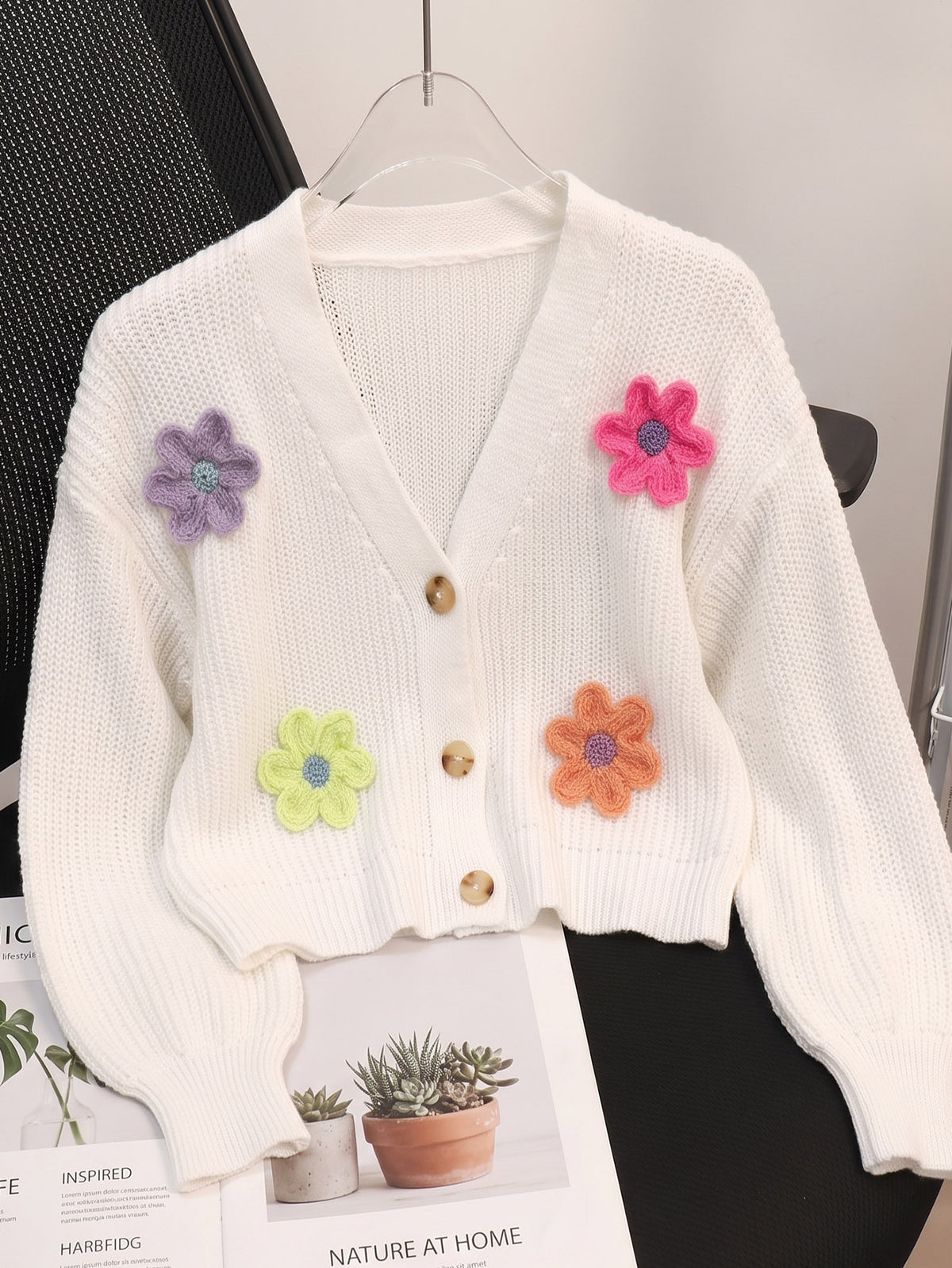 Women's Knit Cardigan with 3D Flower Embellishment, Short Open Front, Women's Sweater Coat