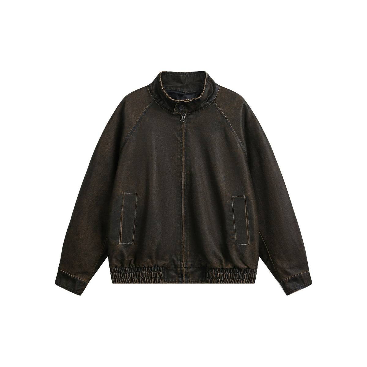 Distressed Denim Zip-Up Stand Collar Jacket for Men