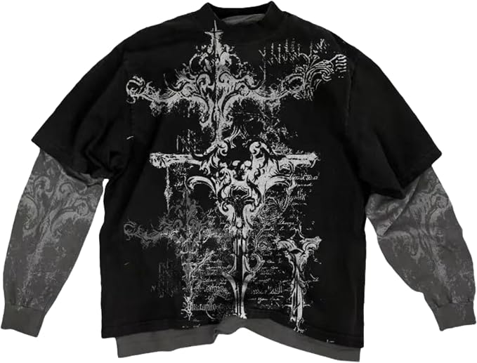 GGOOB Unisex Fake Two-Piece Long Sleeve Grunge Shirt