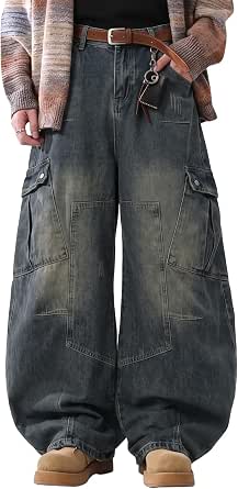 OTEEGX Men's Baggy Wide Leg Cargo Denim Jeans