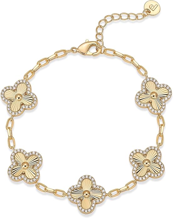 PAVOI Women's 14K Gold Plated Stackable Clover Bracelet