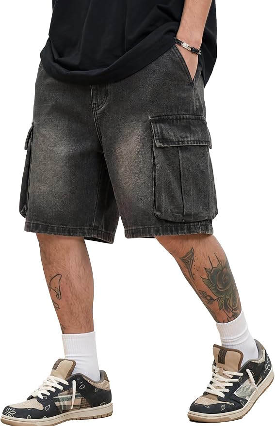 CAONAT Men's Vintage Y2K Baggy Wide Leg Denim Shorts