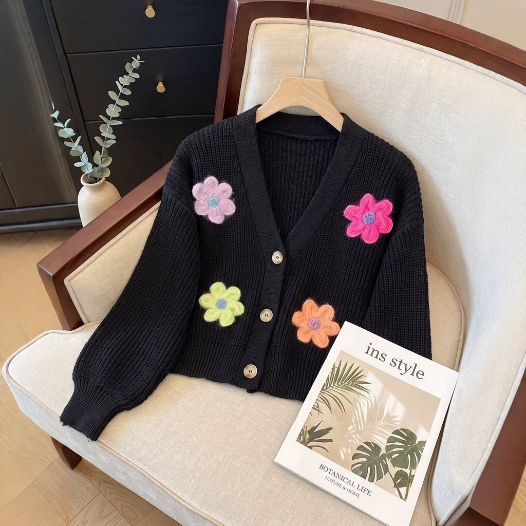 Women's Knit Cardigan with 3D Flower Embellishment, Short Open Front, Women's Sweater Coat