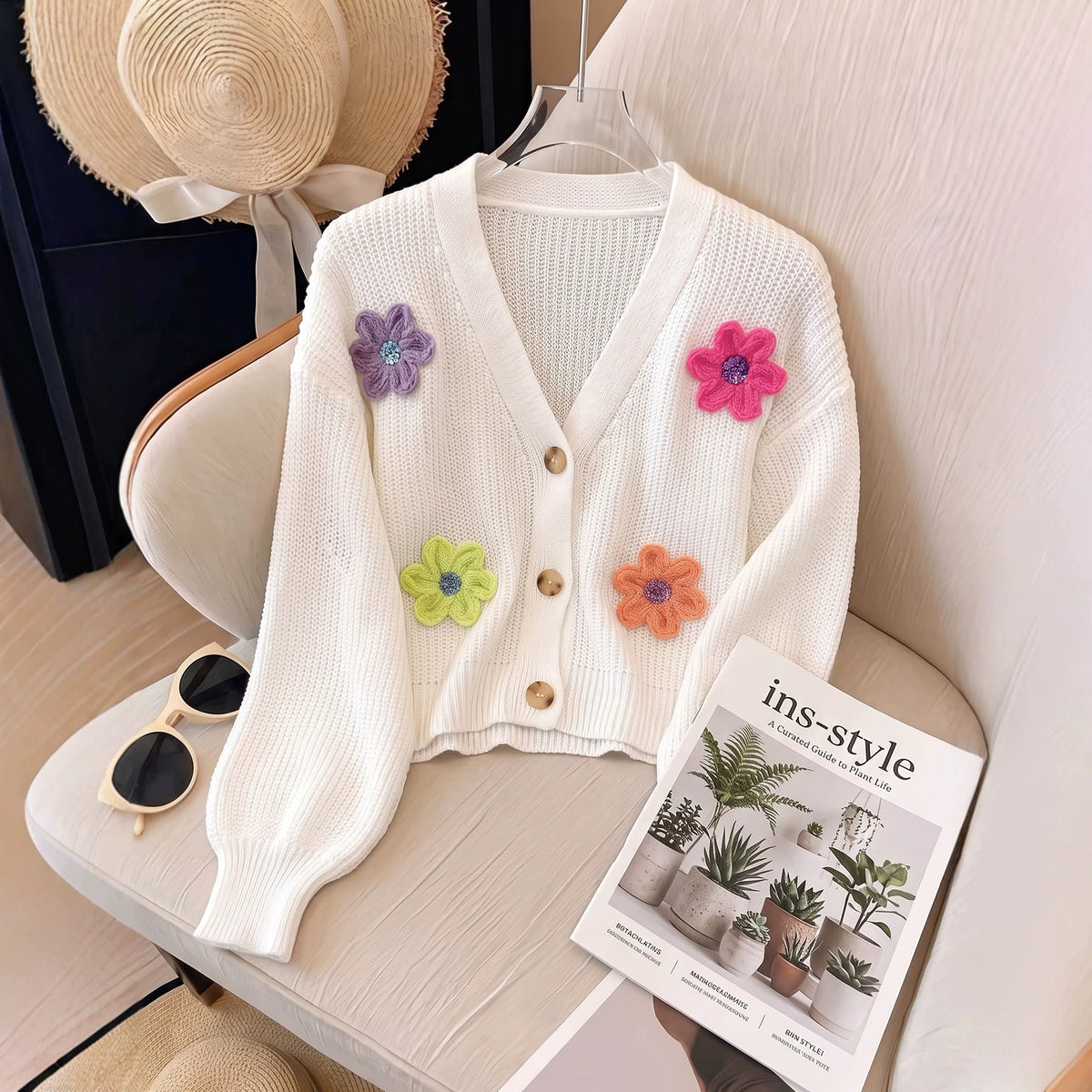 Women's Knit Cardigan with 3D Flower Embellishment, Short Open Front, Women's Sweater Coat