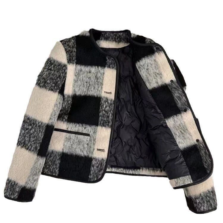 Chiffon Style Plaid Wool Blend Short Coat for Women, Thickened Filled Inner Lining, Fashionable Casual Outerwear