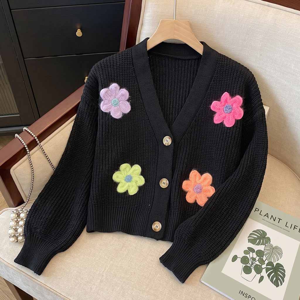 Women's Knit Cardigan with 3D Flower Embellishment, Short Open Front, Women's Sweater Coat