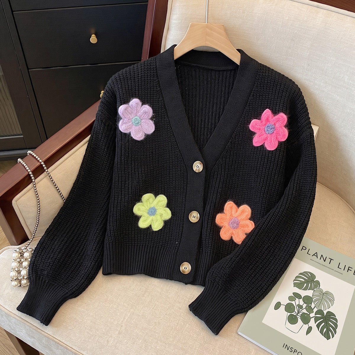 Women's Knit Cardigan with 3D Flower Embellishment, Short Open Front, Women's Sweater Coat