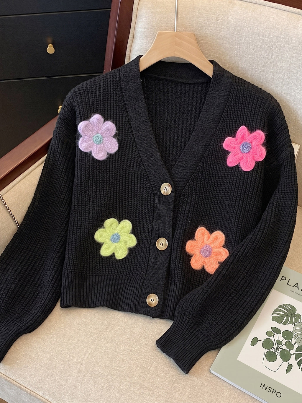 Women's Knit Cardigan with 3D Flower Embellishment, Short Open Front, Women's Sweater Coat