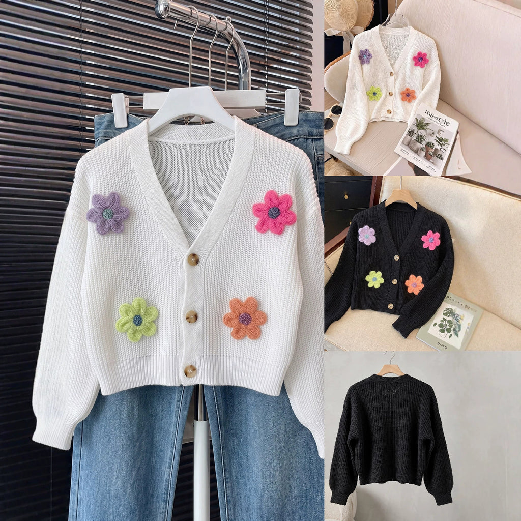 Women's Knit Cardigan with 3D Flower Embellishment, Short Open Front, Women's Sweater Coat