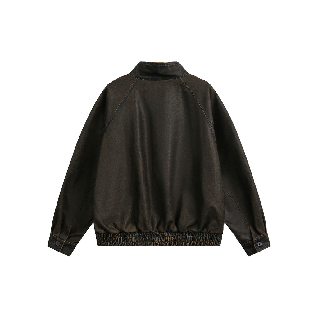 Distressed Denim Zip-Up Stand Collar Jacket for Men